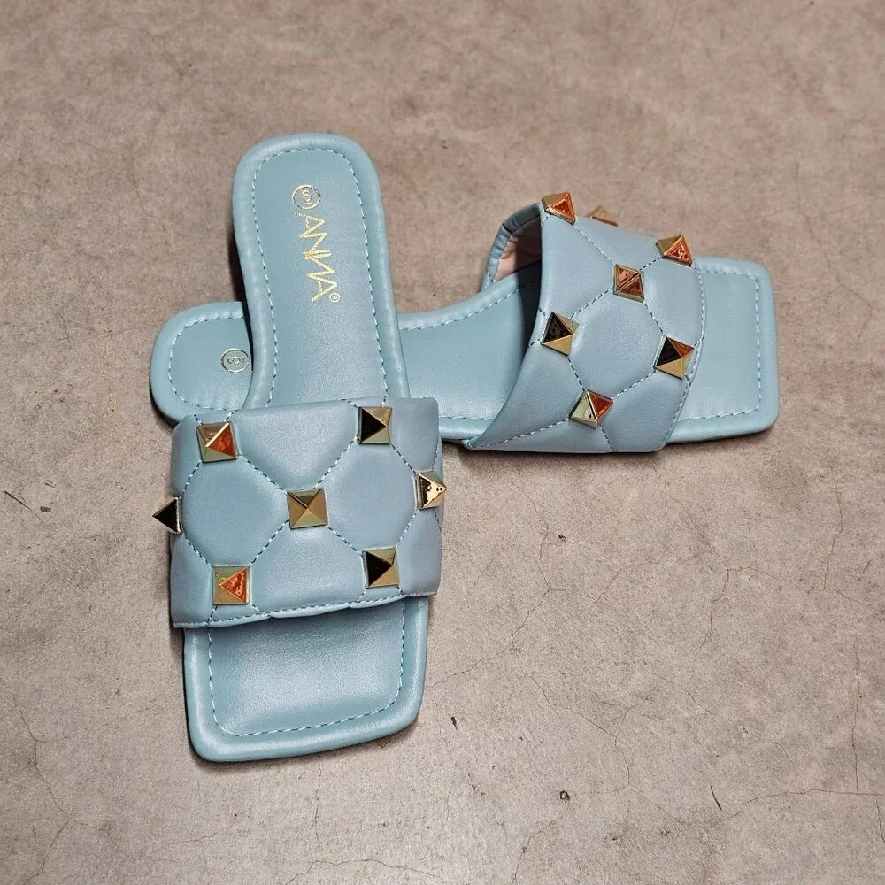 Quilted Sky Blue Slide Sandals With Gold Studs Square Toe Casual Flat Design For